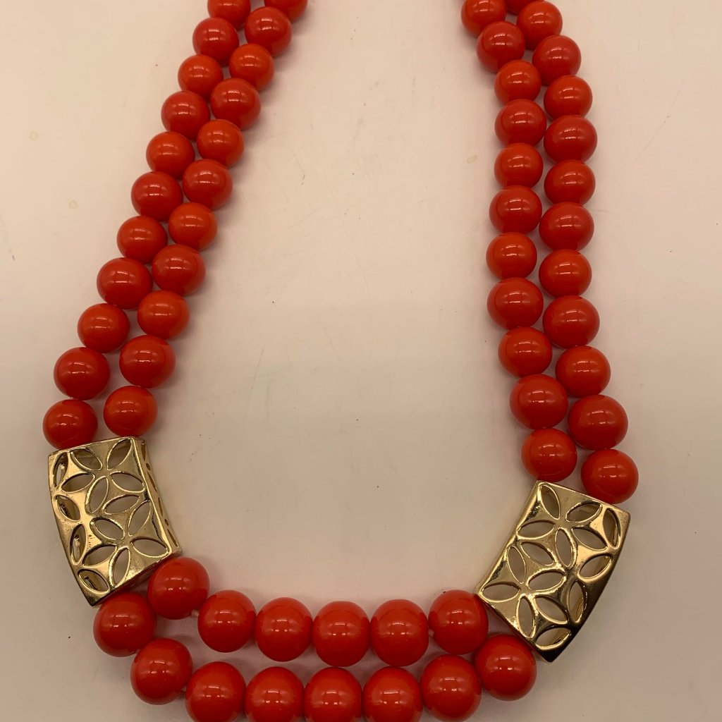 Euc Liz Claiborne Orange & Gold Tone Double Strand Beaded Statement Necklace